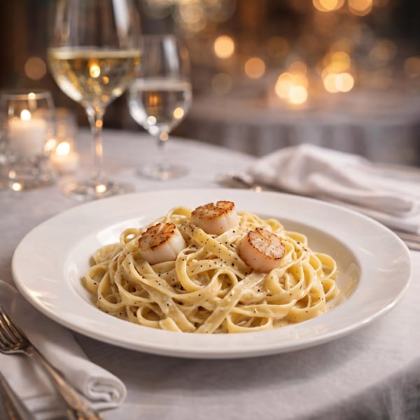 Creamy fettuccine pasta with three seared scallops, black pepper, and wine glasses on a candlelit table.
