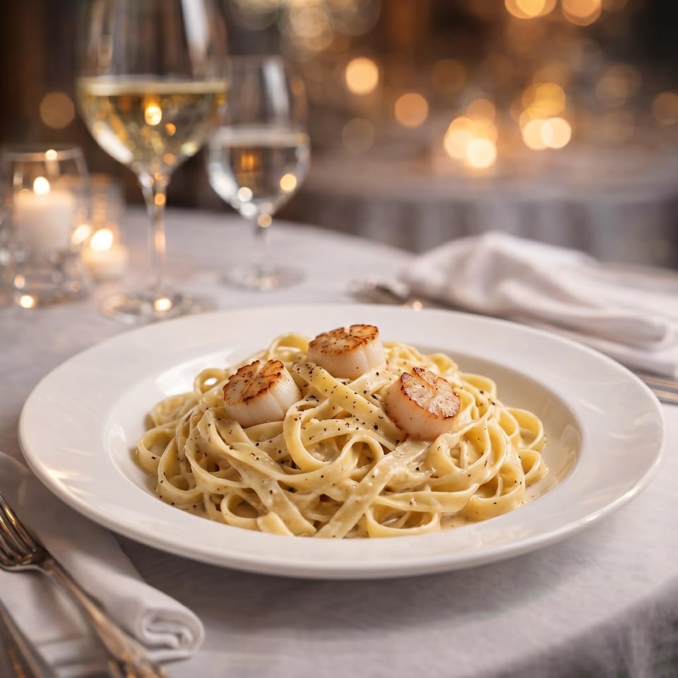 Creamy fettuccine pasta with three seared scallops, black pepper, and wine glasses on a candlelit table.