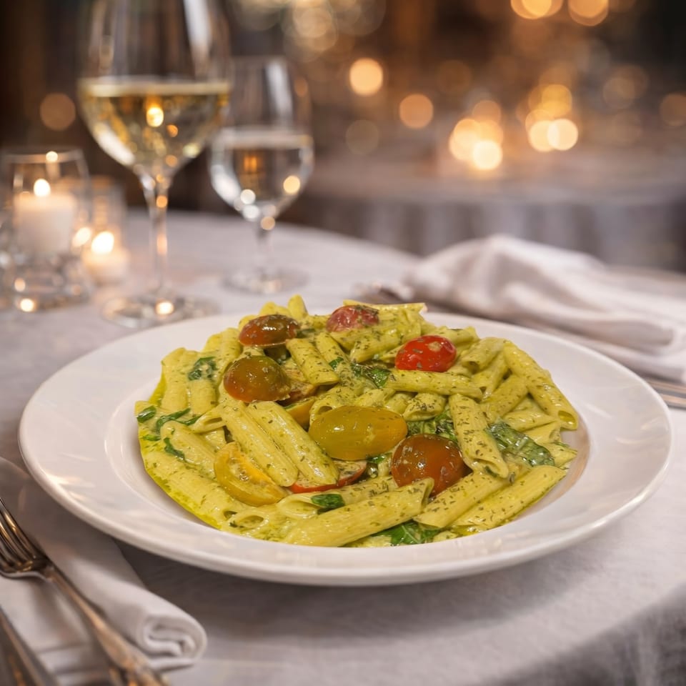Penne pasta with pesto, cherry tomatoes, and spinach on a white plate at a candlelit table.