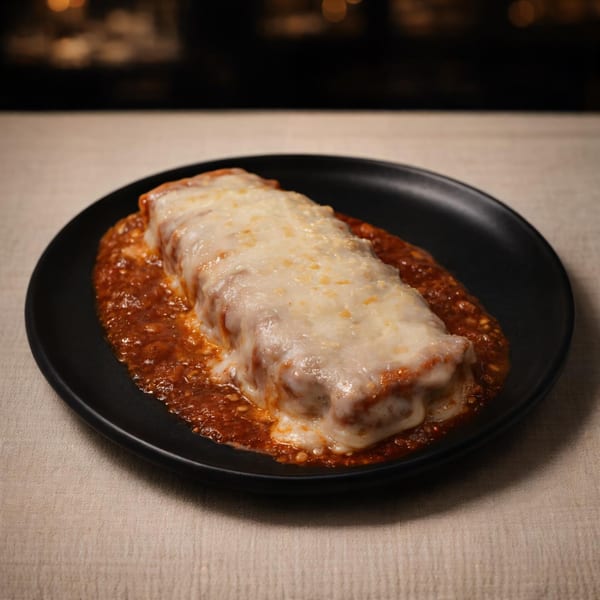 A cheesy burrito covered in red sauce on a black plate, with a blurred background.