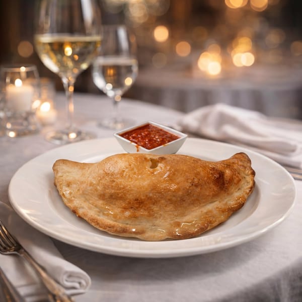 Golden-brown calzone with a side of marinara sauce on a white plate at a candlelit table.