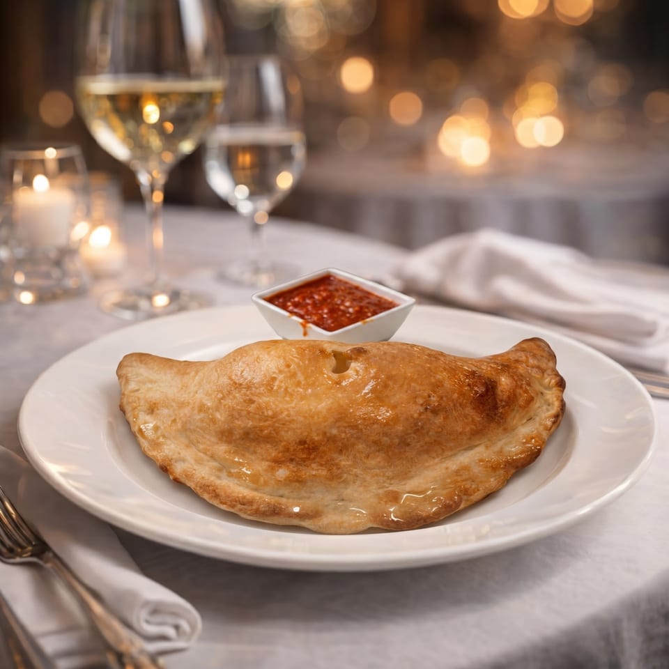 Golden-brown calzone with a side of marinara sauce on a white plate at a candlelit table.