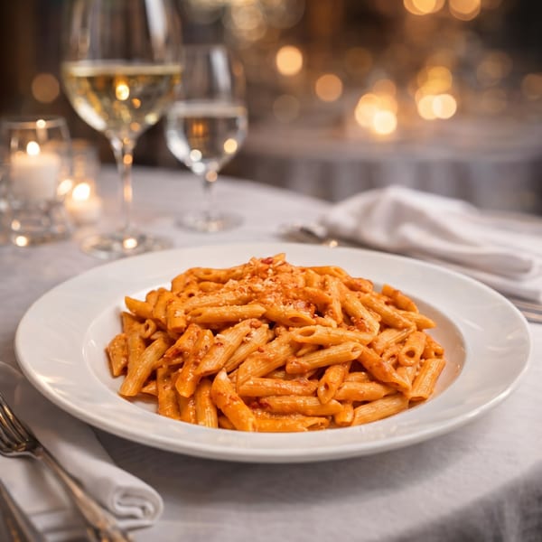 Penne pasta in a creamy red sauce, topped with cheese, on a white plate at a candlelit table.