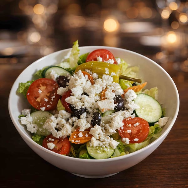 A vibrant Greek salad in a white bowl, featuring lettuce, tomatoes, cucumbers, olives, feta, and a pepperoncini.
